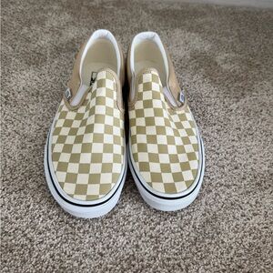 Vans Tan and White Checkered Slip-On Sneakers